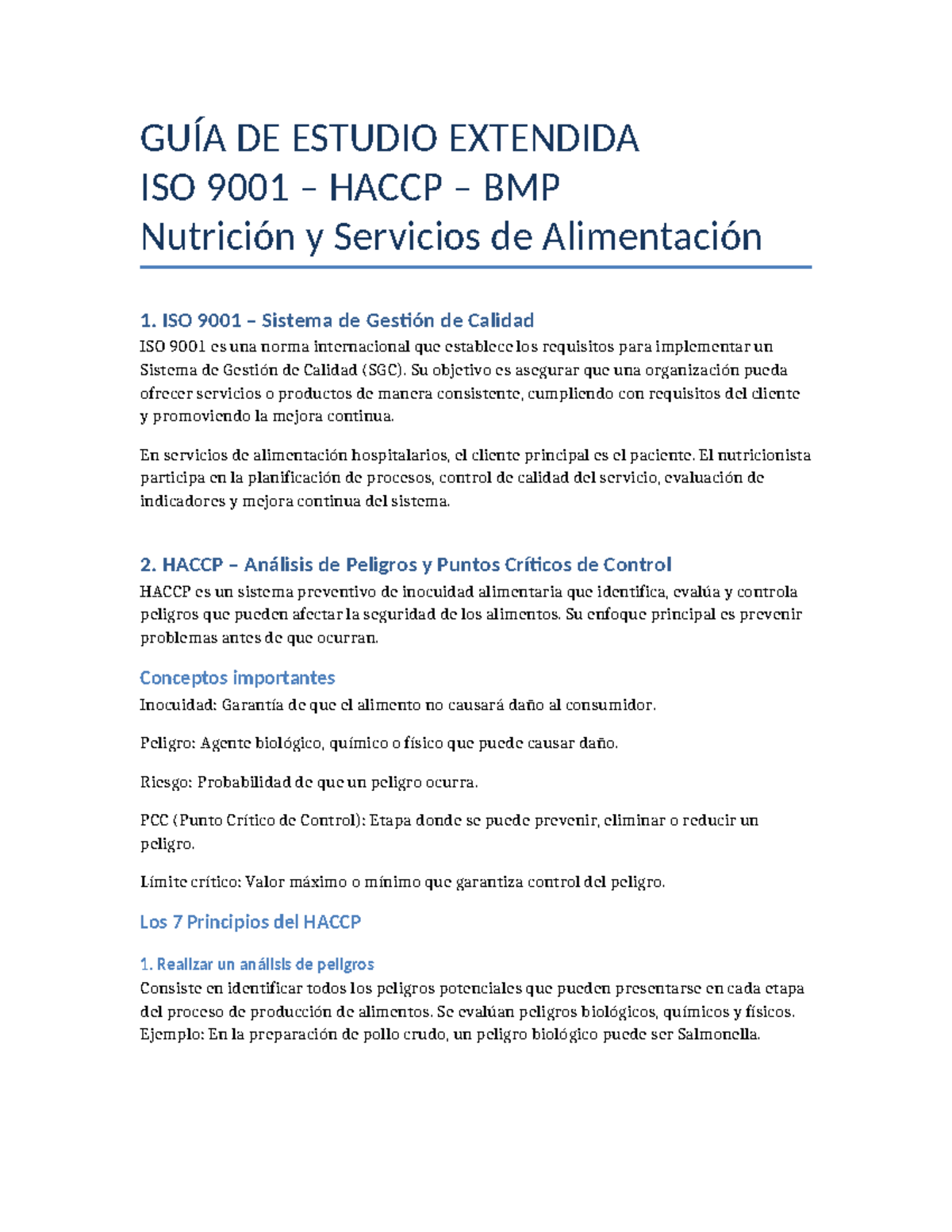 Guía Completa de Estudio: ISO 9001, HACCP y BMP en Nutrición - Studocu