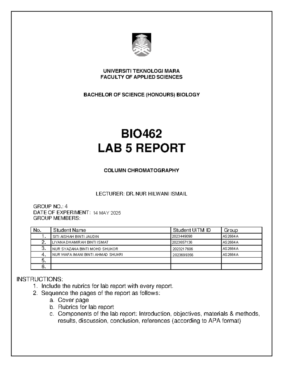 BIO462 Lab 5 Report: Column Chromatography Experiment Analysis - Studocu