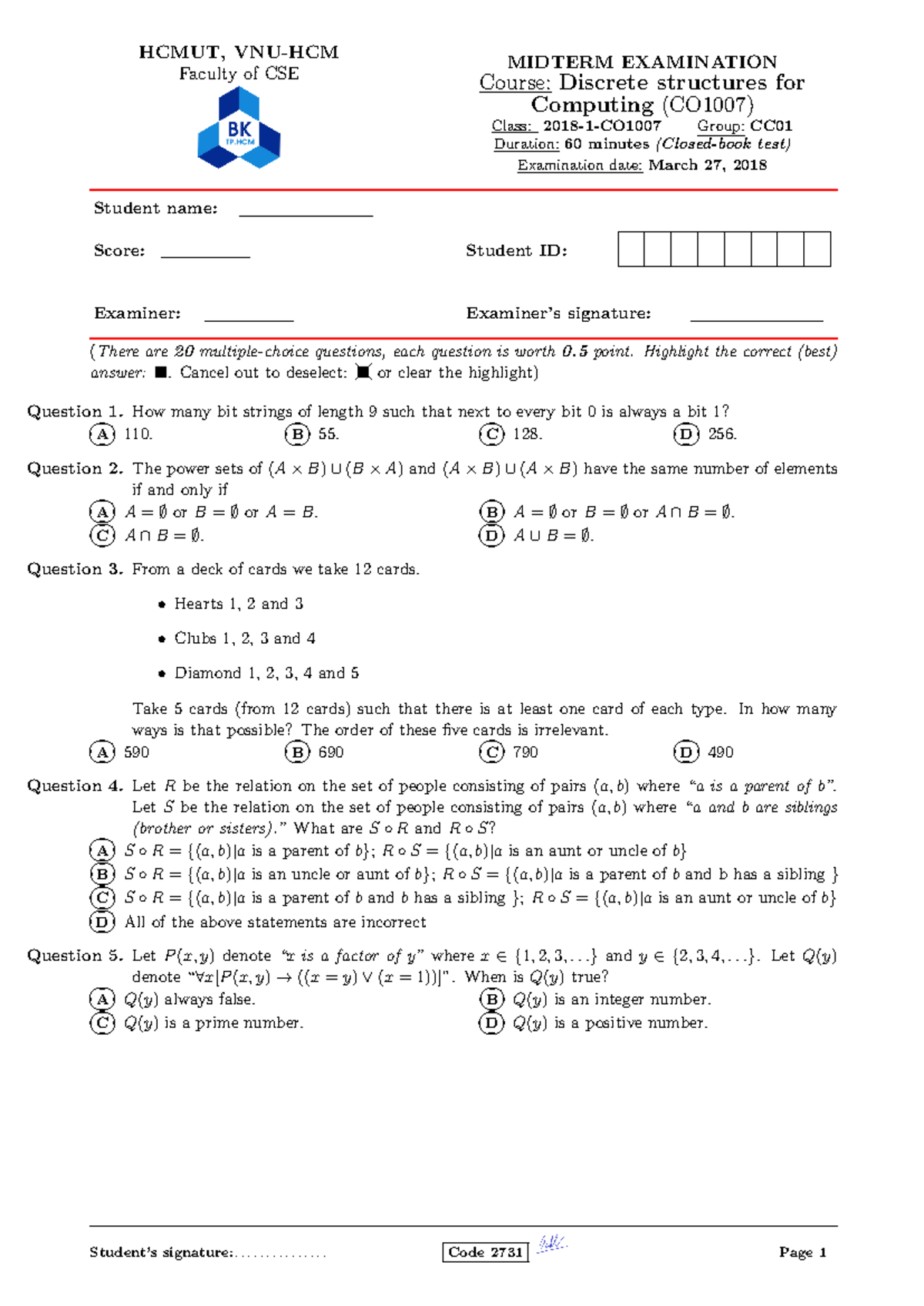 HCMUT CO1007 Discrete Structures Midterm Exam Answer Key - Studocu