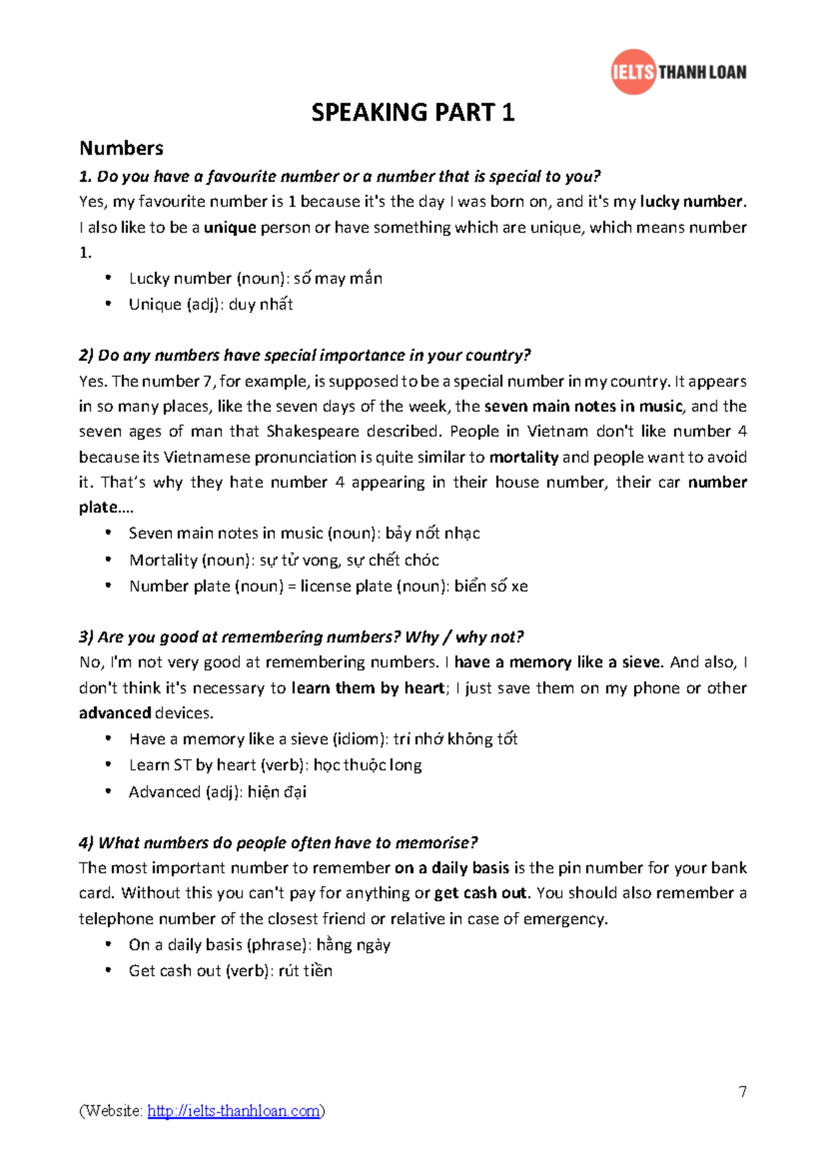 Speaking part 1 - aaaaaaaaaaaaaaaaa - 7 SPEAKING PART 1 Numbers Do you ...