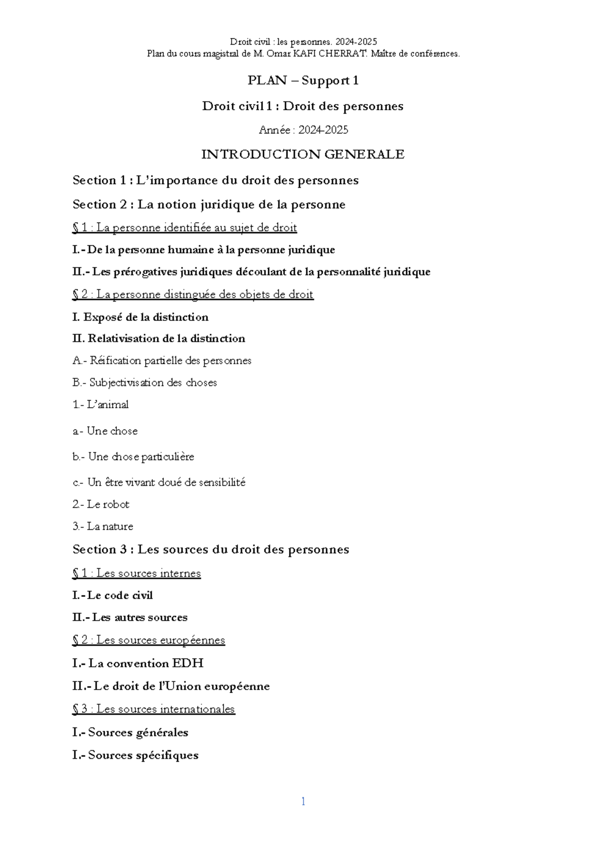 Plan de Cours - Droit Civil 1 : Droit des Personnes 2024-2025 - Studocu