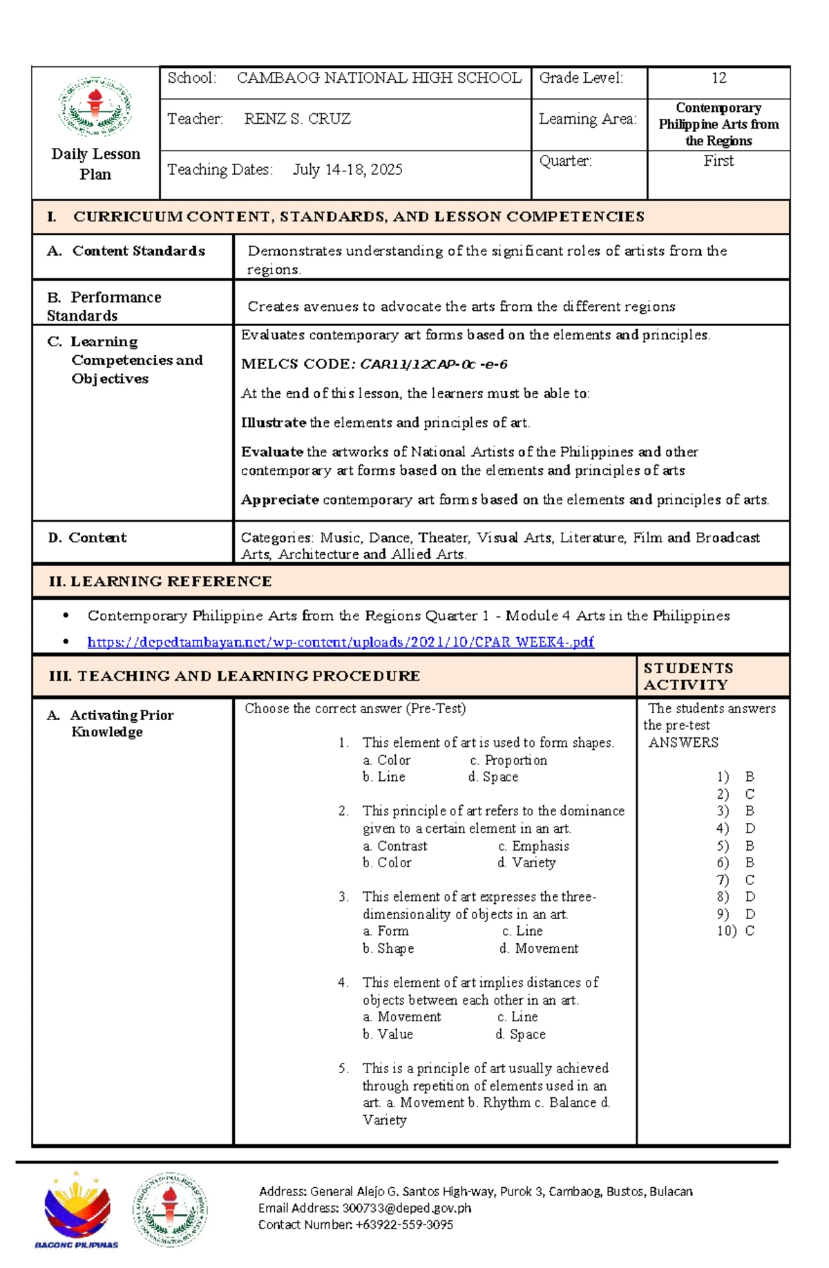 Semi Detailed Lesson Plan In Mapeh 8 Lesson Plan In Mapeh Grade 8 Arts