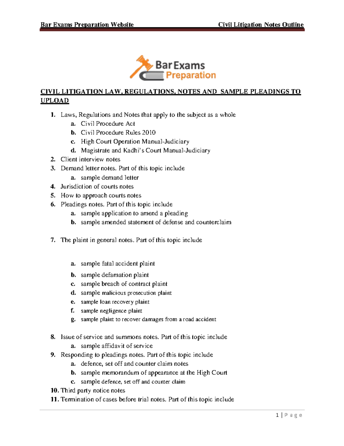 Notes Outline - Civil Procedure Act b. Civil Procedure Rules 2010 c ...