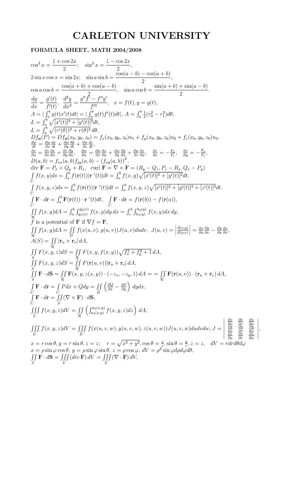 Formula Sheet for Final Exam, MATH 2004/2008 - Studocu