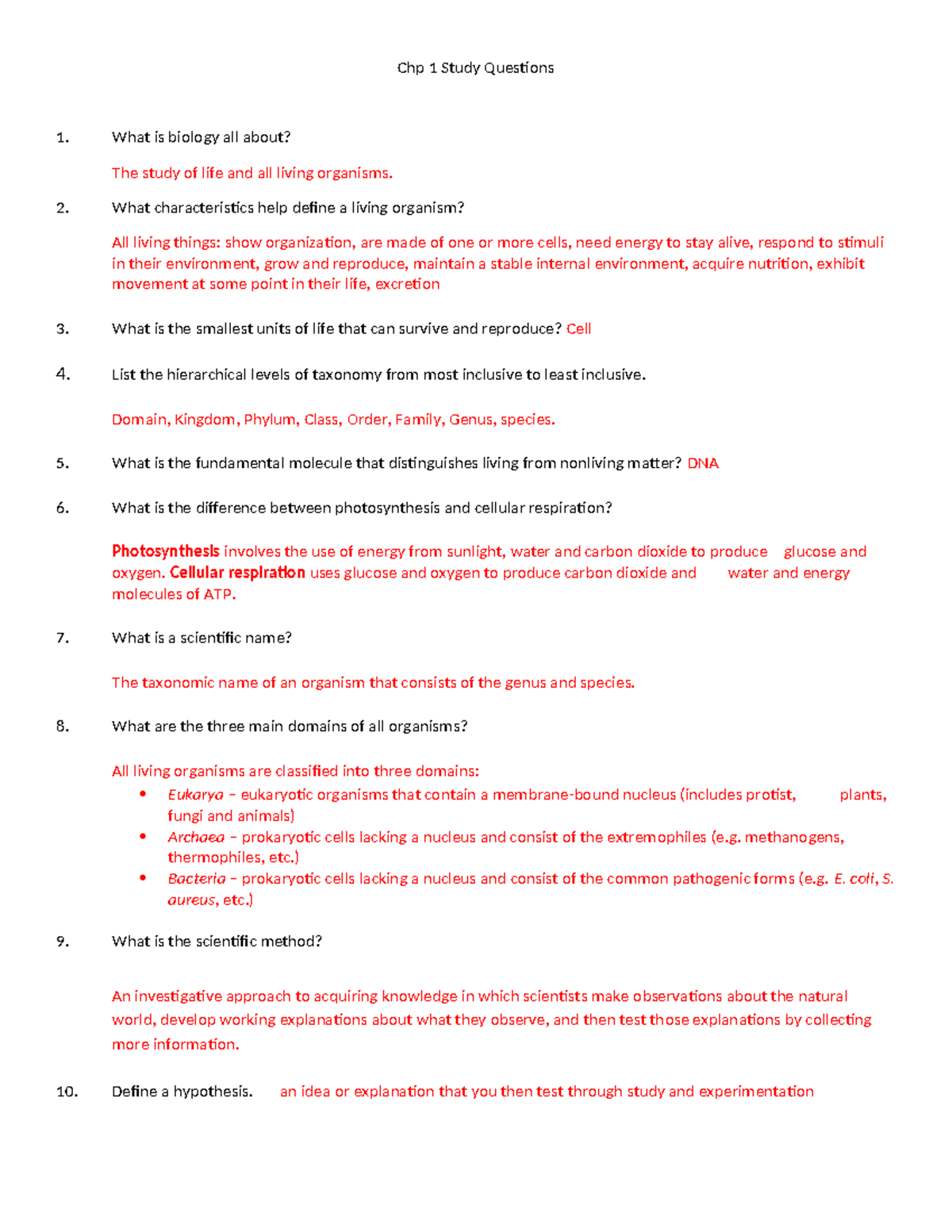 BIO 101 Chp 1 Study Questions & Key Concepts for Exam Prep - Studocu