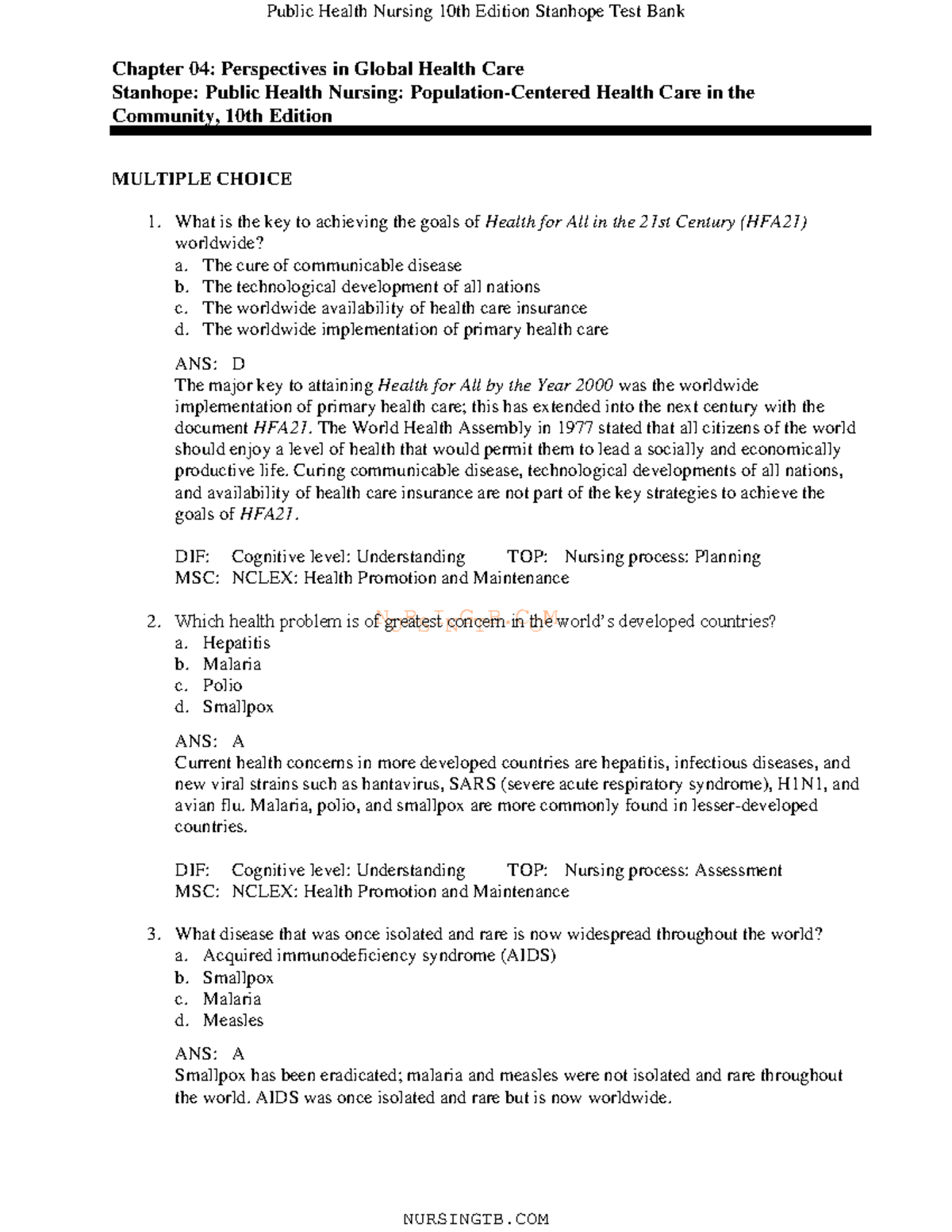 Chapter 04 Practice Test: Perspectives in Global Health Care (NURS 101 ...