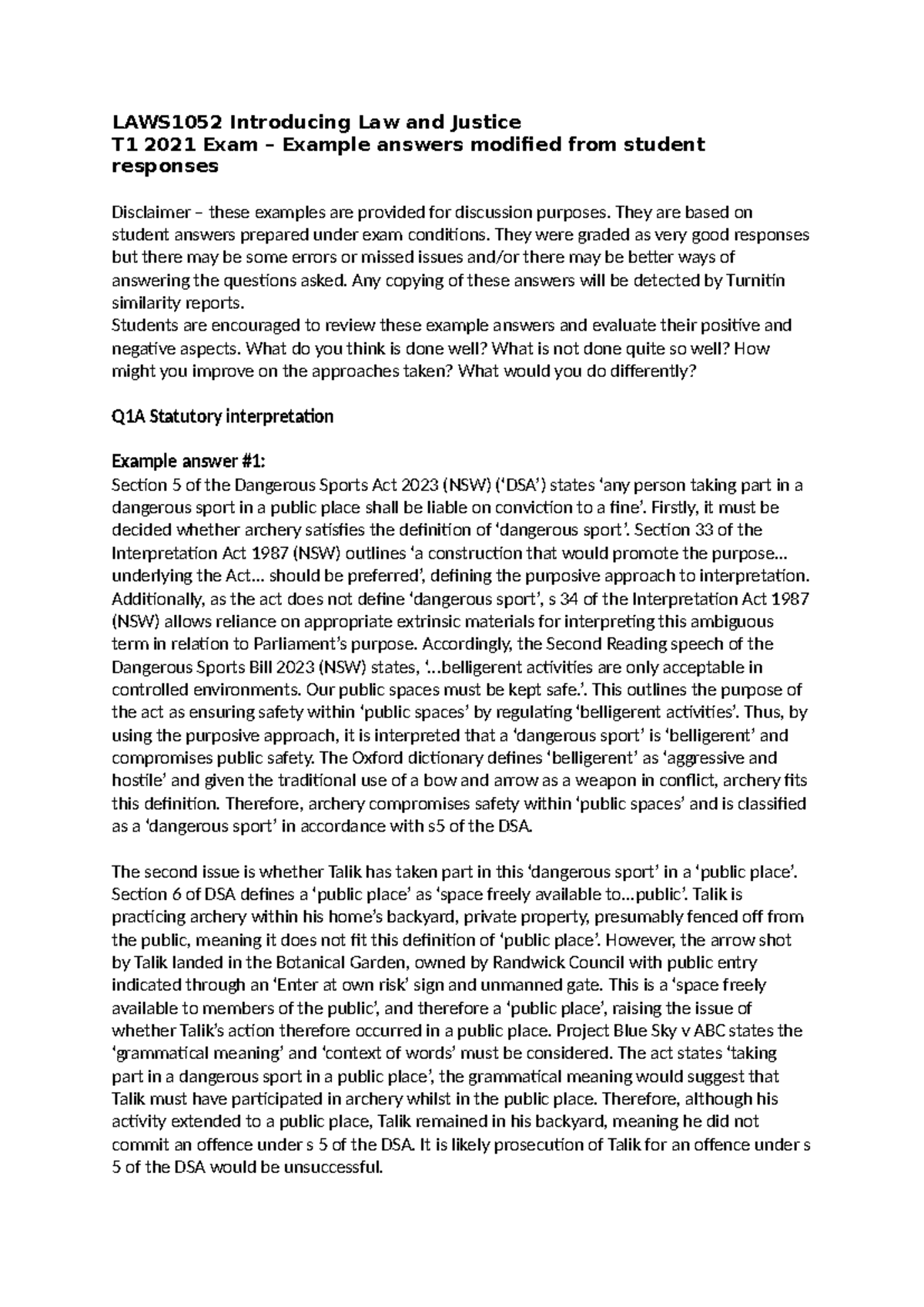 LAWS1052 T1 2021 Exam Example Answers on Statutory Interpretation - Studocu