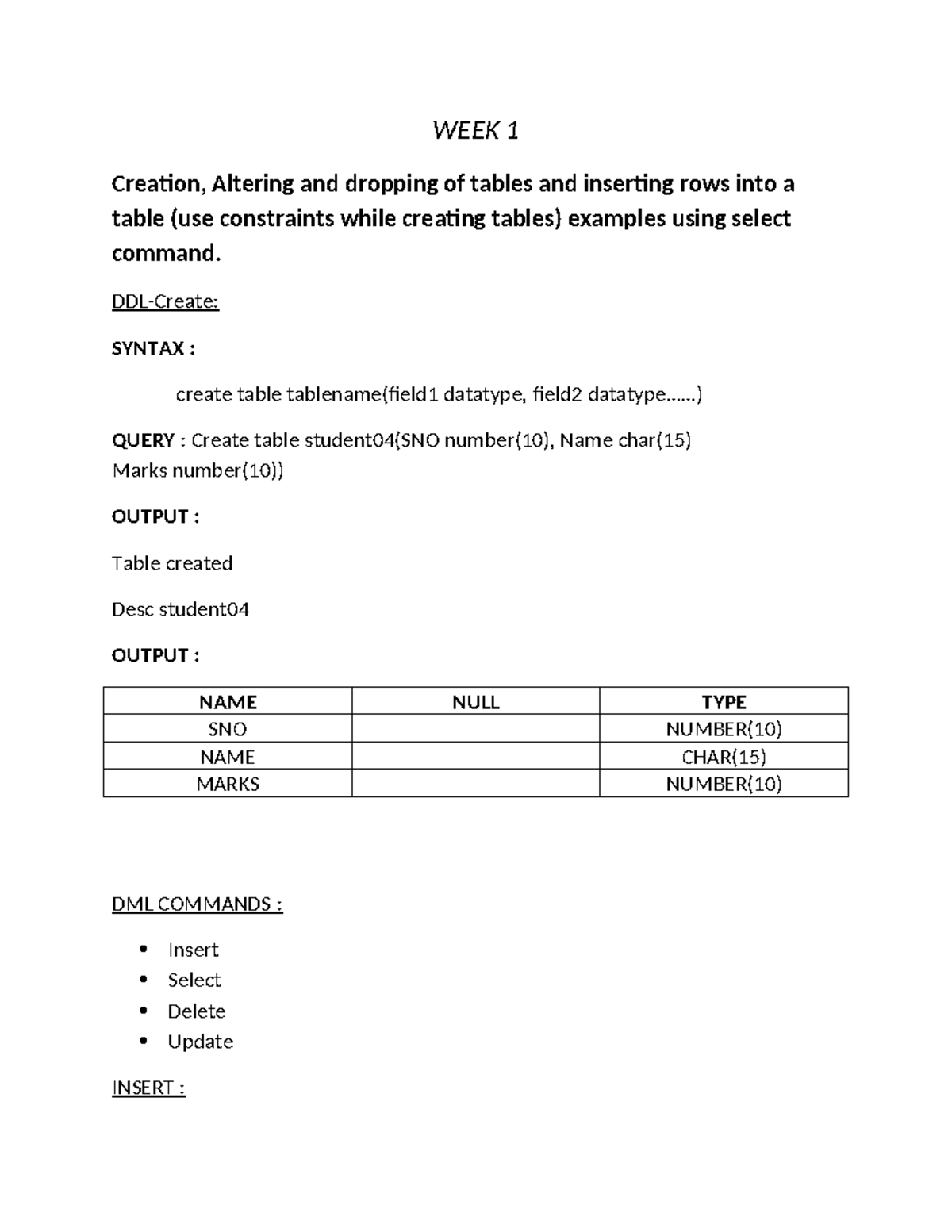 WEEK 1-5 DBMS Lab Manual: Table Operations & SQL Queries - Studocu