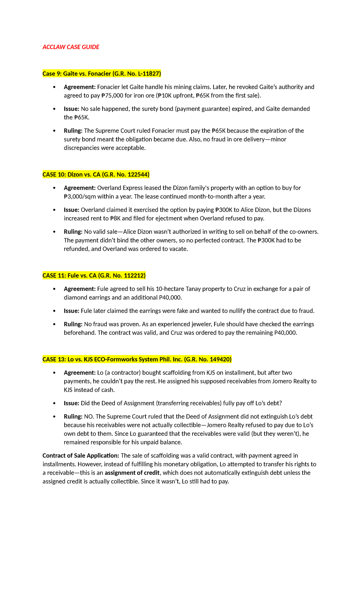 ACCLAW CASE GUIDE: Key Rulings on Contracts of Sale and Authority - Studocu