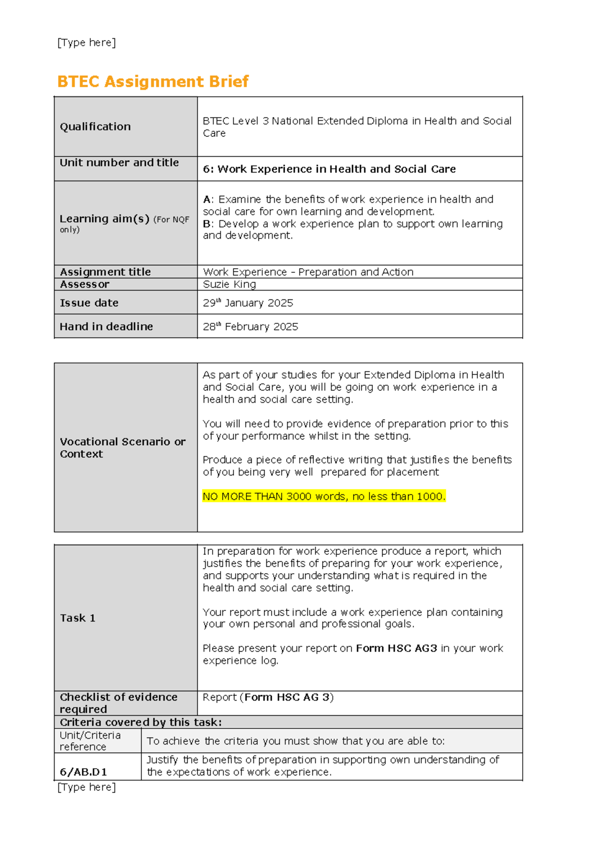 BTEC Level 3 Health & Social Care Assignment Brief 2025 - Studocu