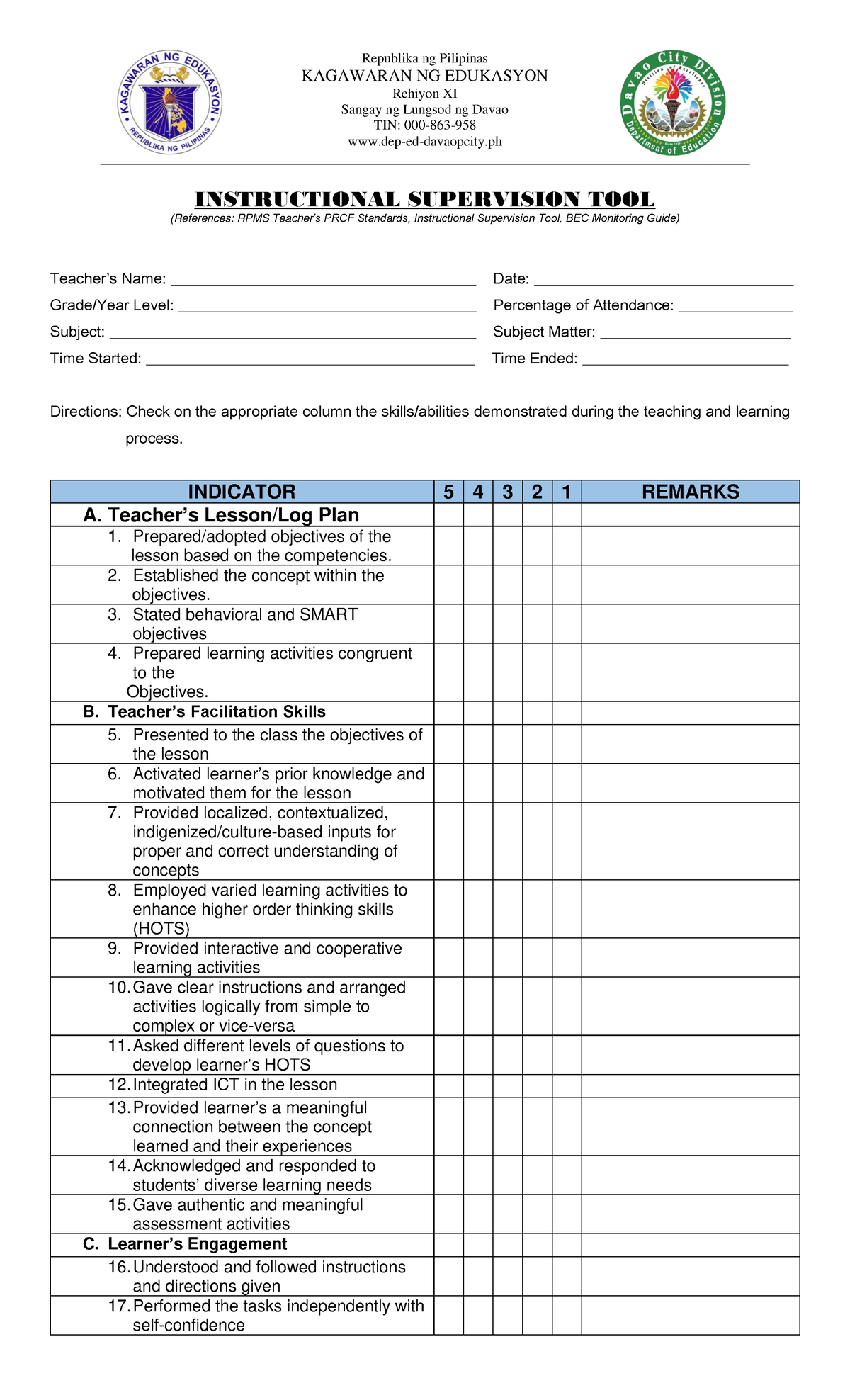 Instructional Supervision Tool: Assessment Guide for Teachers - Studocu