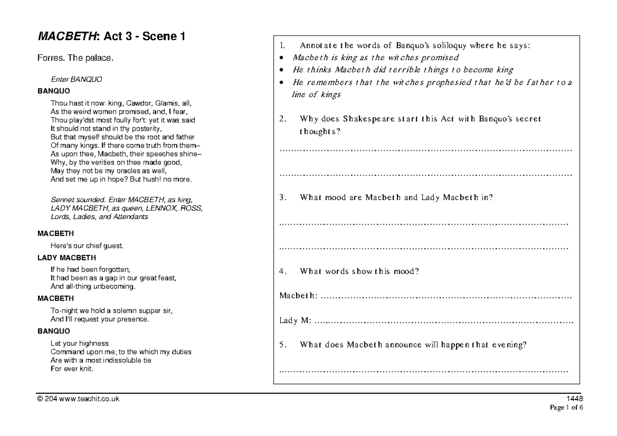 MACBETH 3213: Act 3 Scene 1 Analysis and Annotations - Studocu
