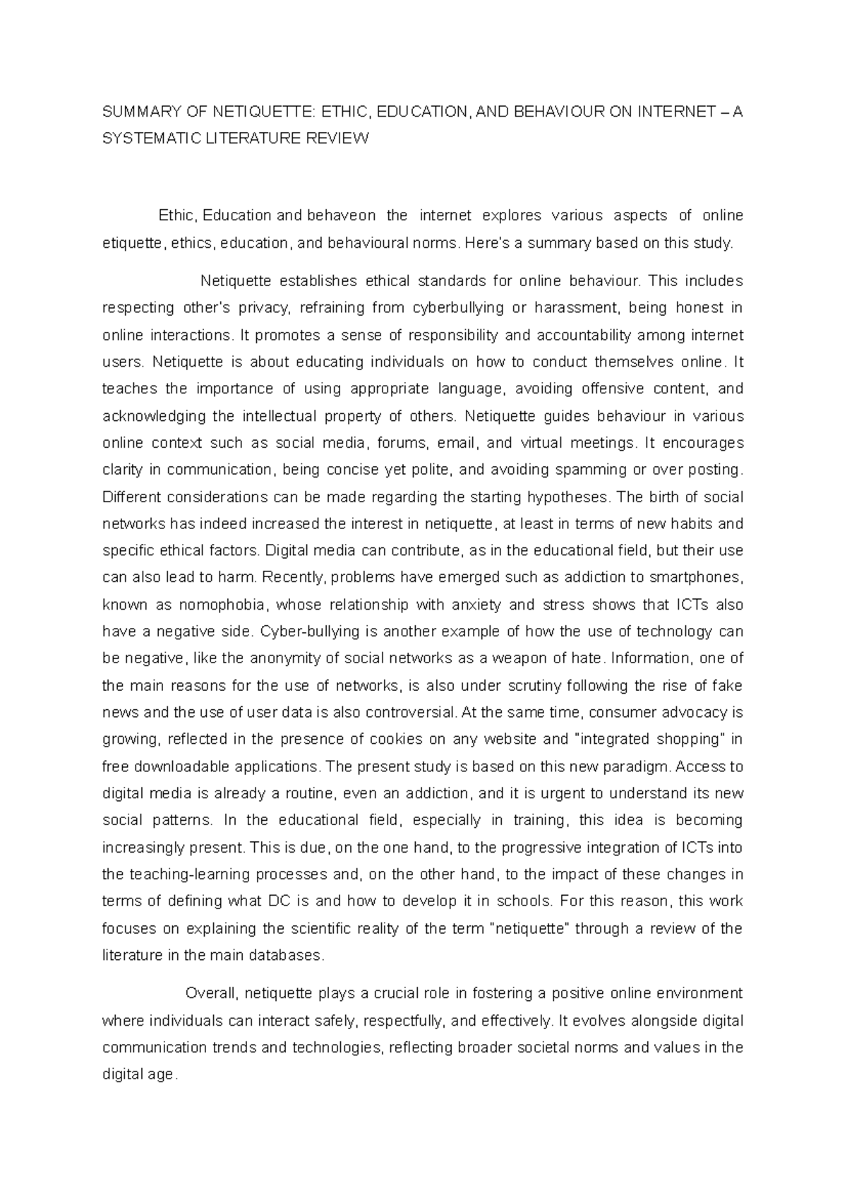 AIS160 Summary of Netiquette: Ethics, Education, and Online Behavior ...