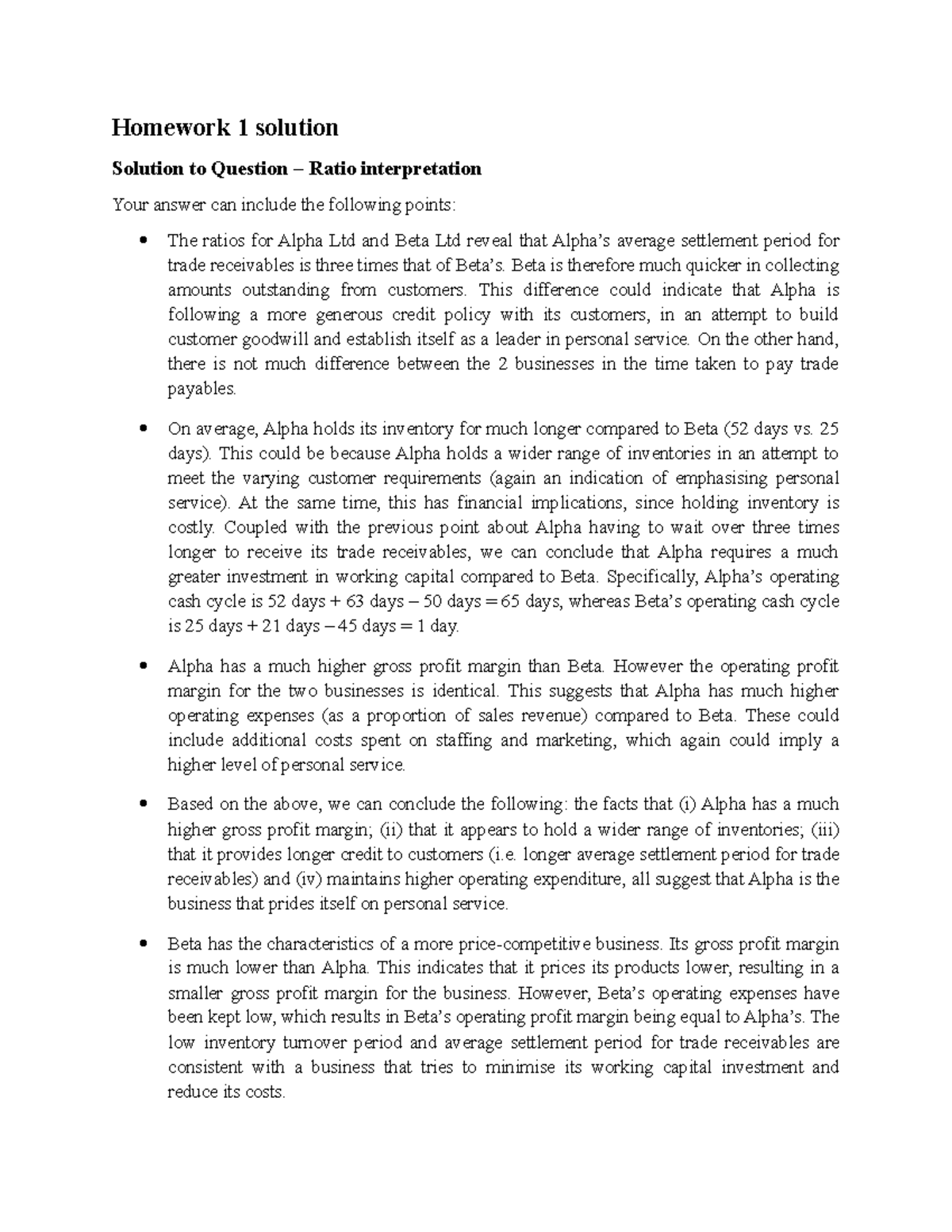 Homework 1 Solutions: Ratio Analysis of Alpha Ltd vs. Beta Ltd - Studocu