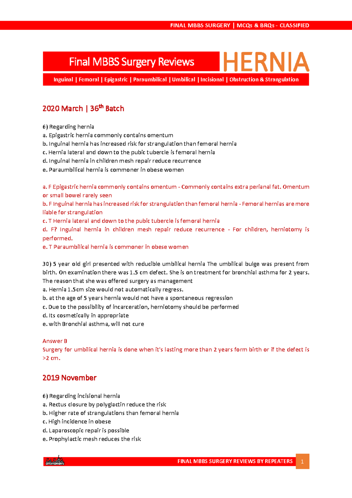 FINAL MBBS SURGERY MCQs & BRQs REVIEW ON HERNIA 2020 - Studocu