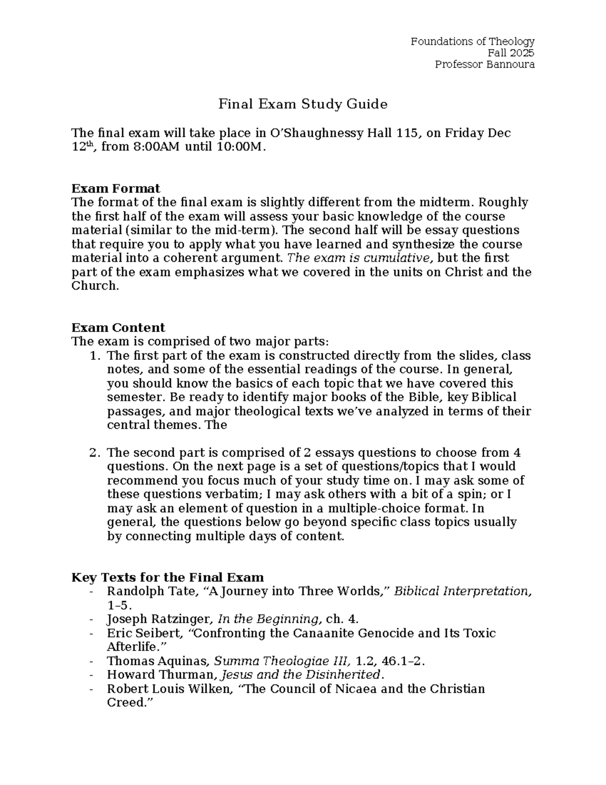 Fall 2025 Foundations of Theology Final Exam Study Guide - Studocu