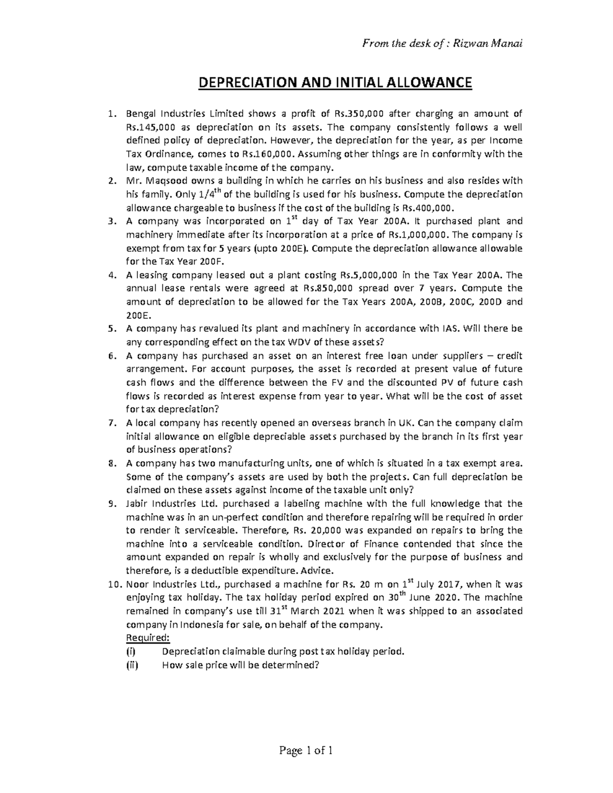 Depreciation & Initial Allowance Analysis - Case Studies 08-02-2021 ...