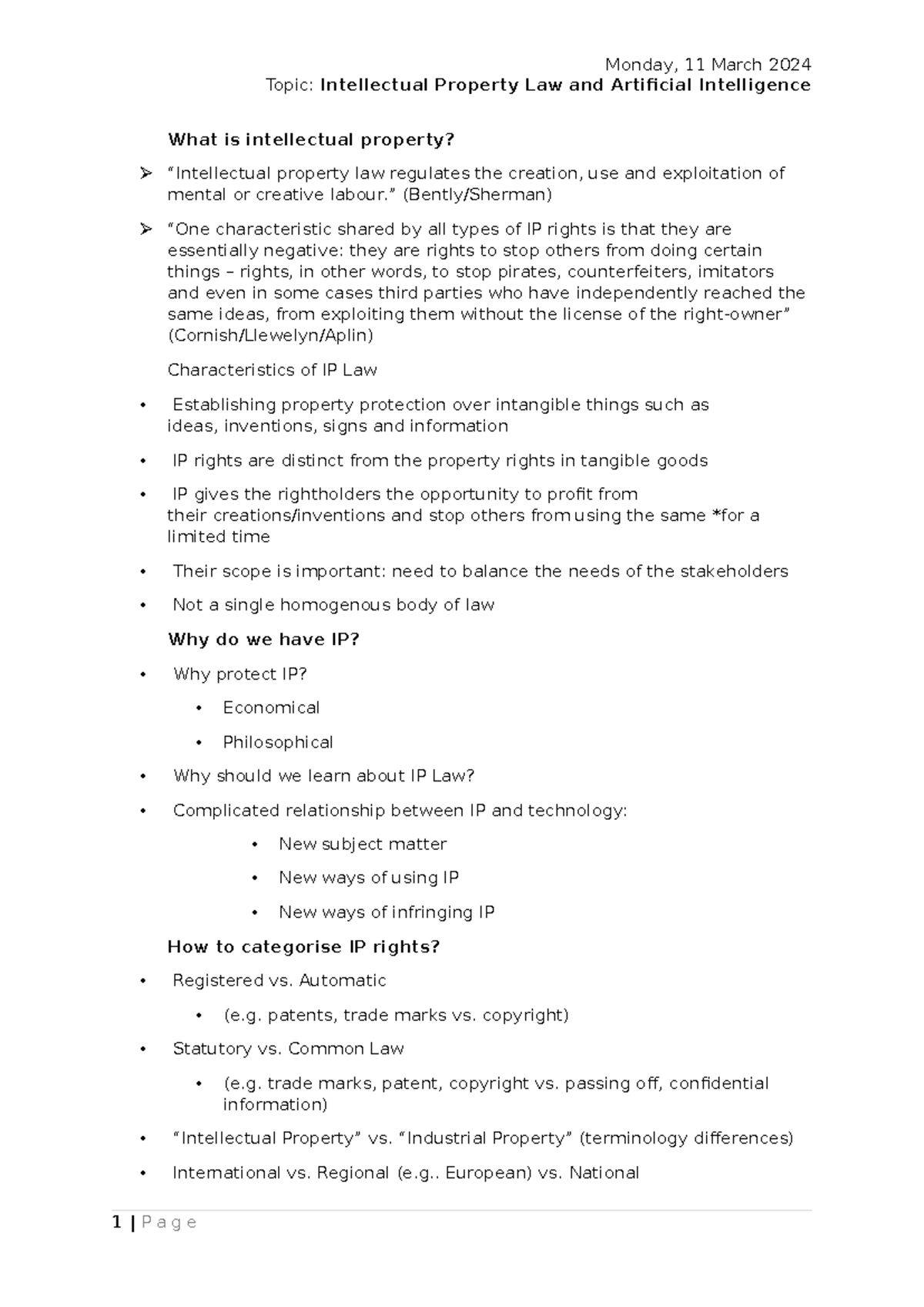 IP LAW AND AI - Lecture Notes - Topic: Intellectual Property Law and ...