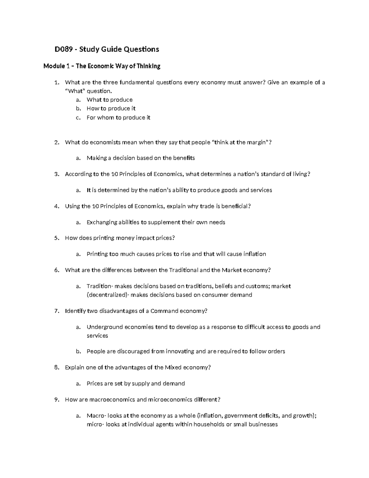 D089 Study Guide: Key Questions on Economic Principles and Concepts ...