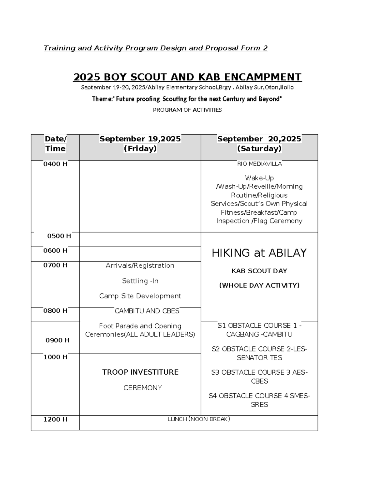 Training and Activity Program Design for 2025 BOY SCOUT Encampment ...
