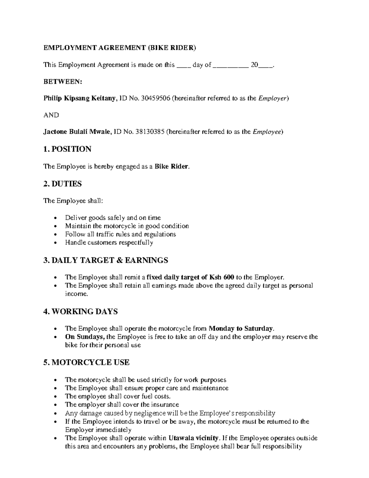 Employment Agreement for Bike Rider (ID: 30459506) - Studocu