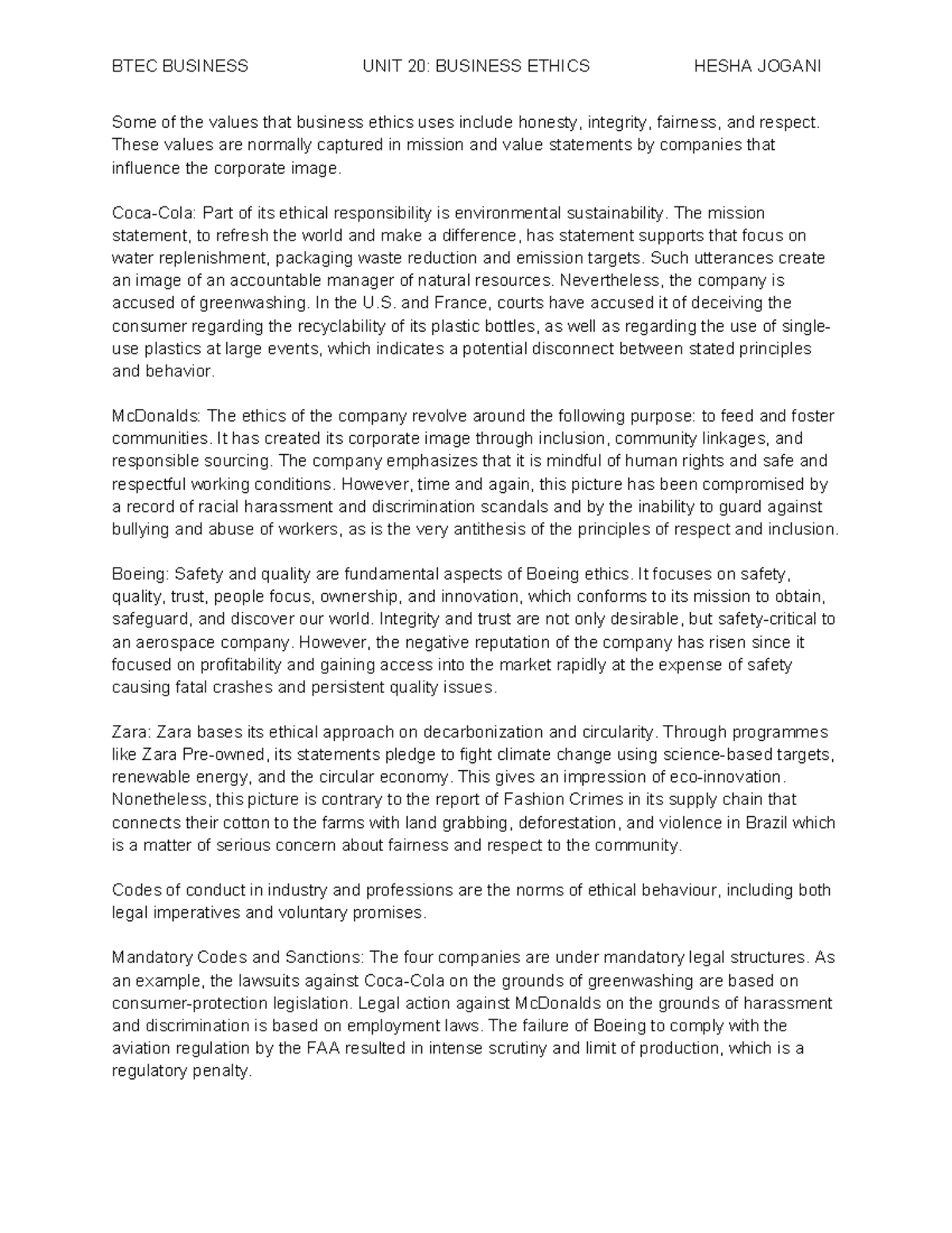 BTEC BUSINESS UNIT 20: BUSINESS ETHICS ANALYSIS AND CASE STUDIES - Studocu