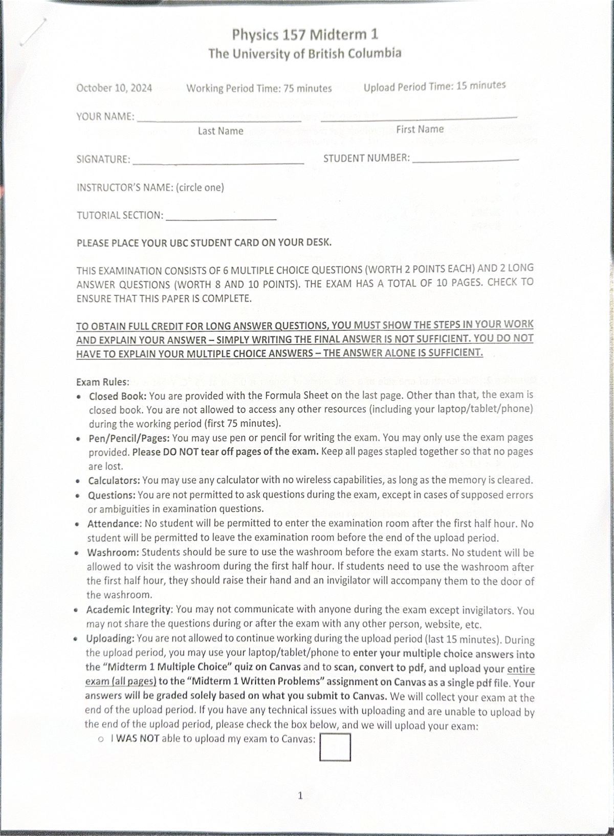 Physics 157 Midterm 1 Exam Review Guide - UBC October 2024 - Studocu