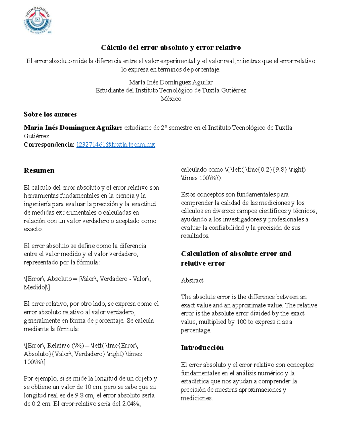 Cálculo del Error Absoluto y Relativo: Reporte de Práctica 2° Semestre ...