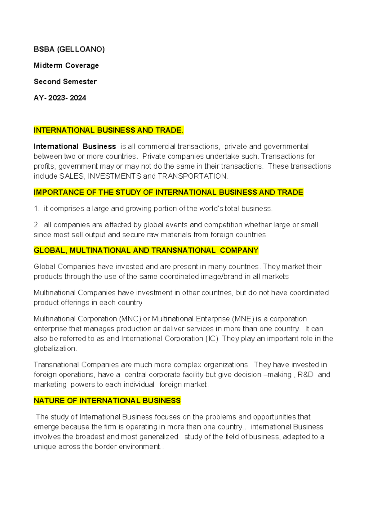 International Business AND Trade midterm lecture - BSBA (GELLOANO ...