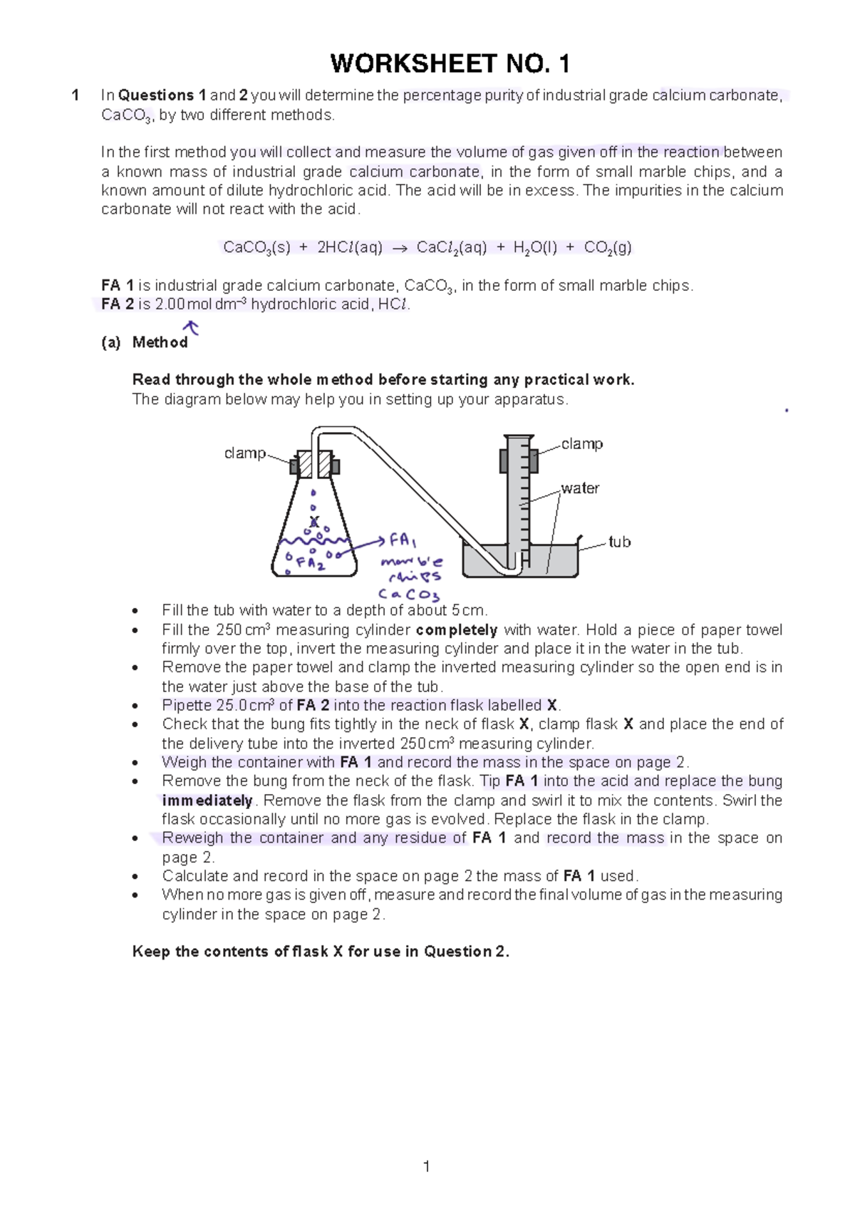Worksheet 1: Determining Percentage Purity of CaCO3 - Studocu