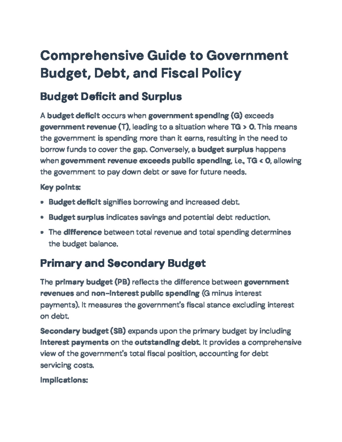 Comprehensive Overview of Gov Budget, Debt & Fiscal Policy (ECO 101 ...