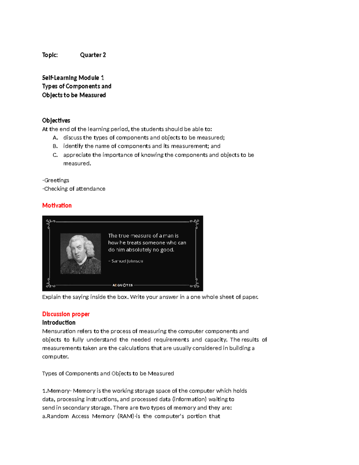 Quarter 2 Lesson Outline: Types of Components & Objects to Measure ...