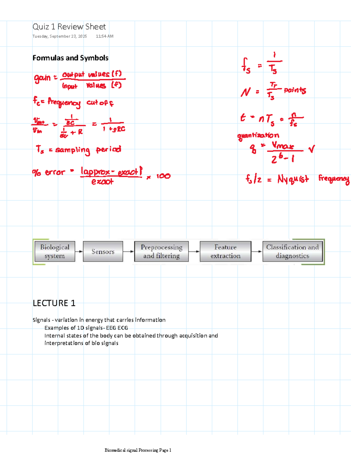 Biomedical Signal Processing: Quiz 1 Review Sheet (ENGR 320) - Studocu