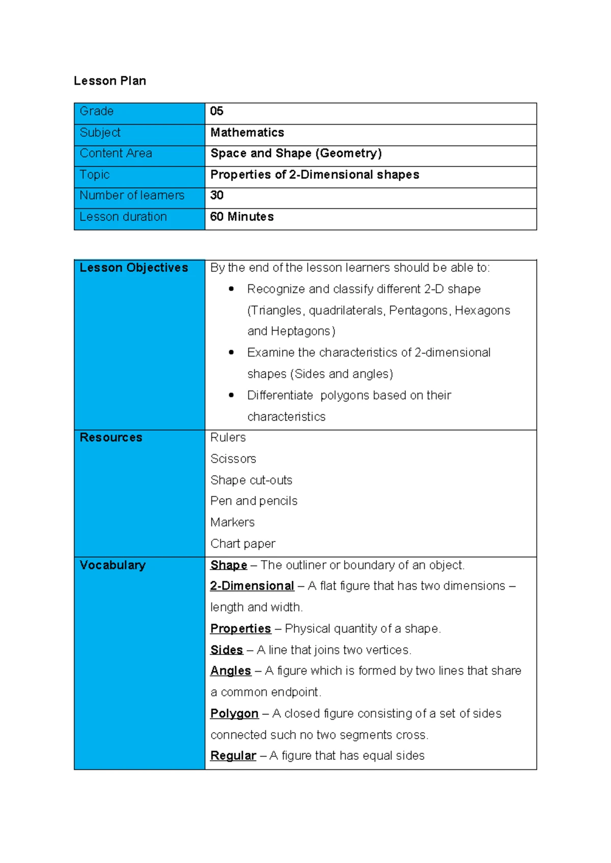 LTSM worksheet exercise - Write down an outcome for a lesson that you ...
