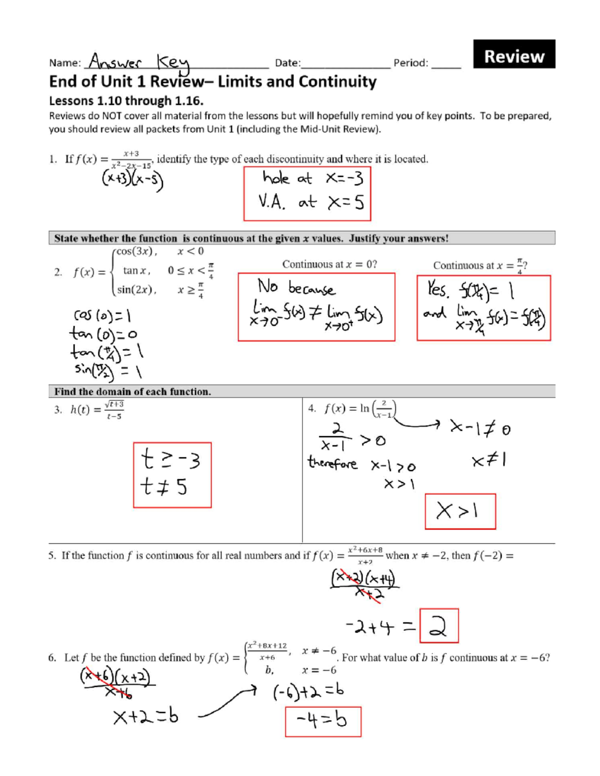 AP Calculus AB Unit 1 Review & Answer Key: Limits & Continuity - Studocu