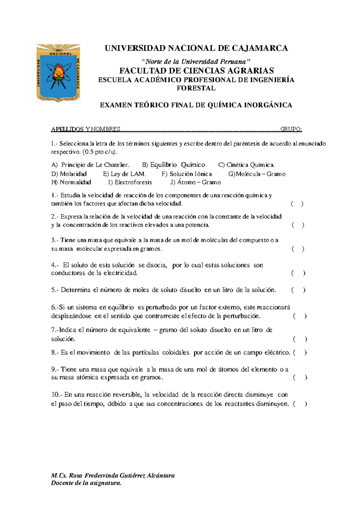 Examen Teórico Final DE Química Inorgánica - Curso DE QI101 - Document Preview