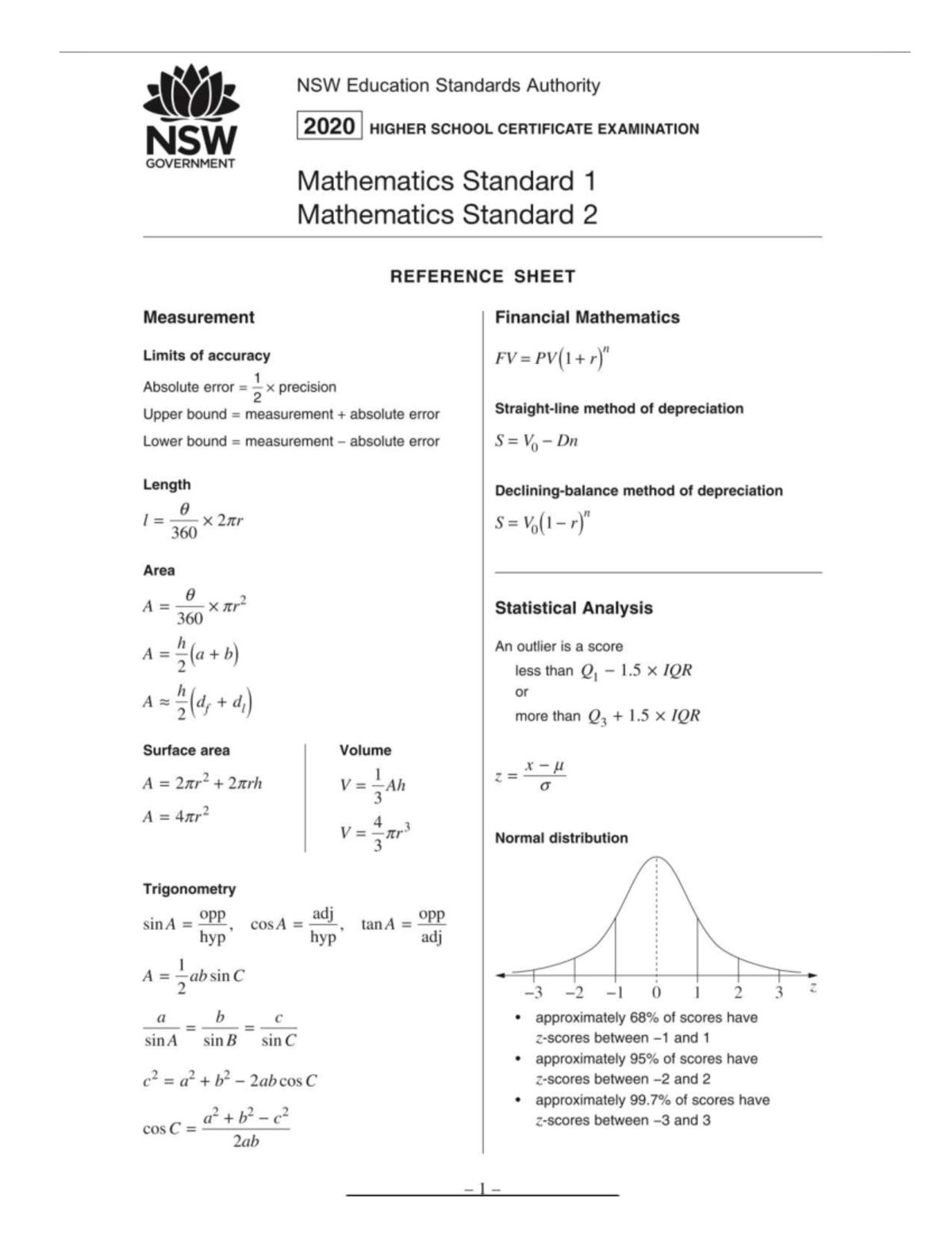 Yr11 Mathematics Standard 1 & 2 Formula Reference Sheet - Studocu
