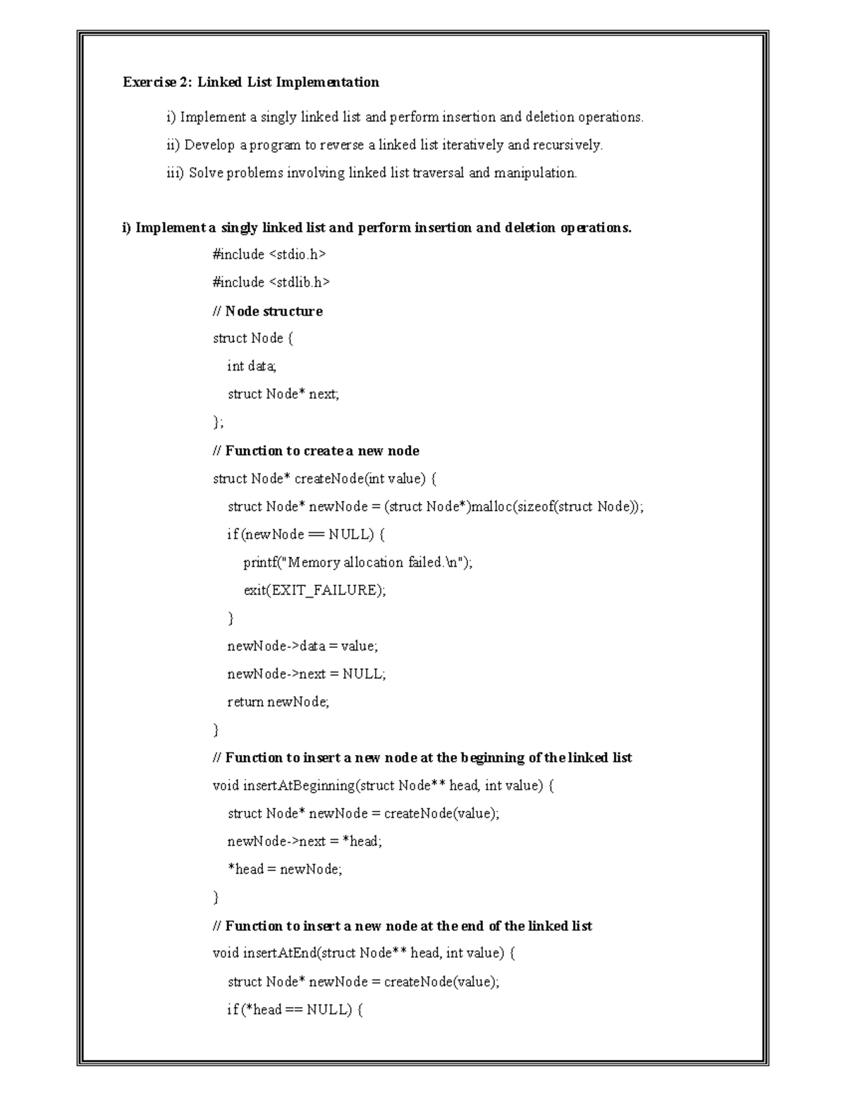 Exercise 2: Linked List Implementation & Operations - Studocu
