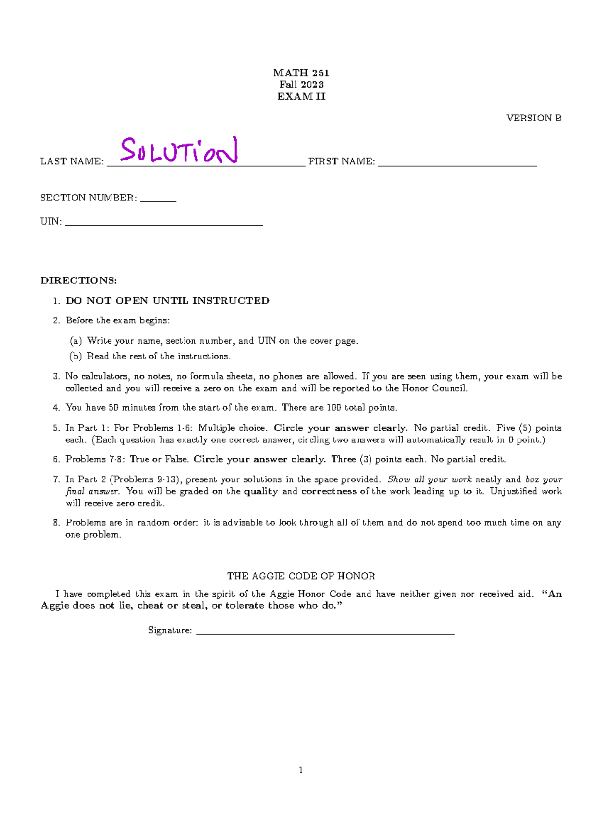 MATH 251 Fall 2023 Exam II Version B Solutions & Answers - Studocu