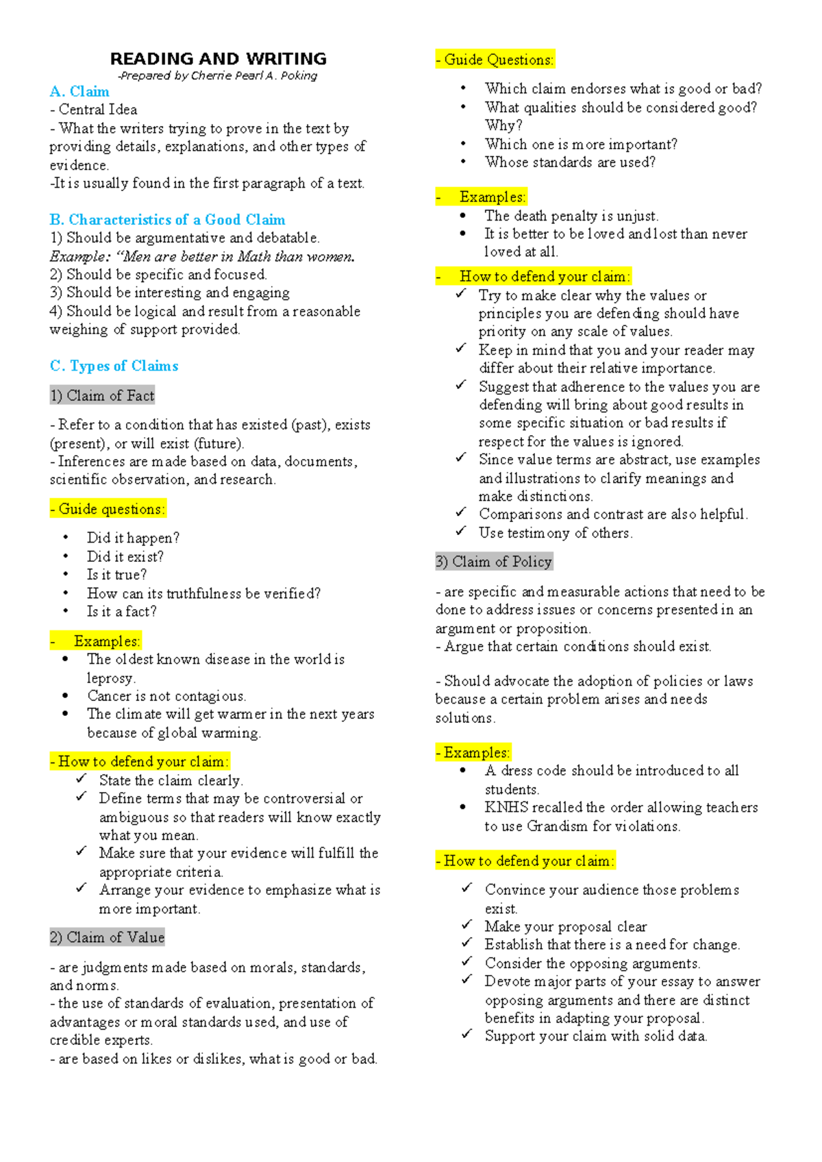 Handout for Types of claims - READING AND WRITING -Prepared by Cherrie ...