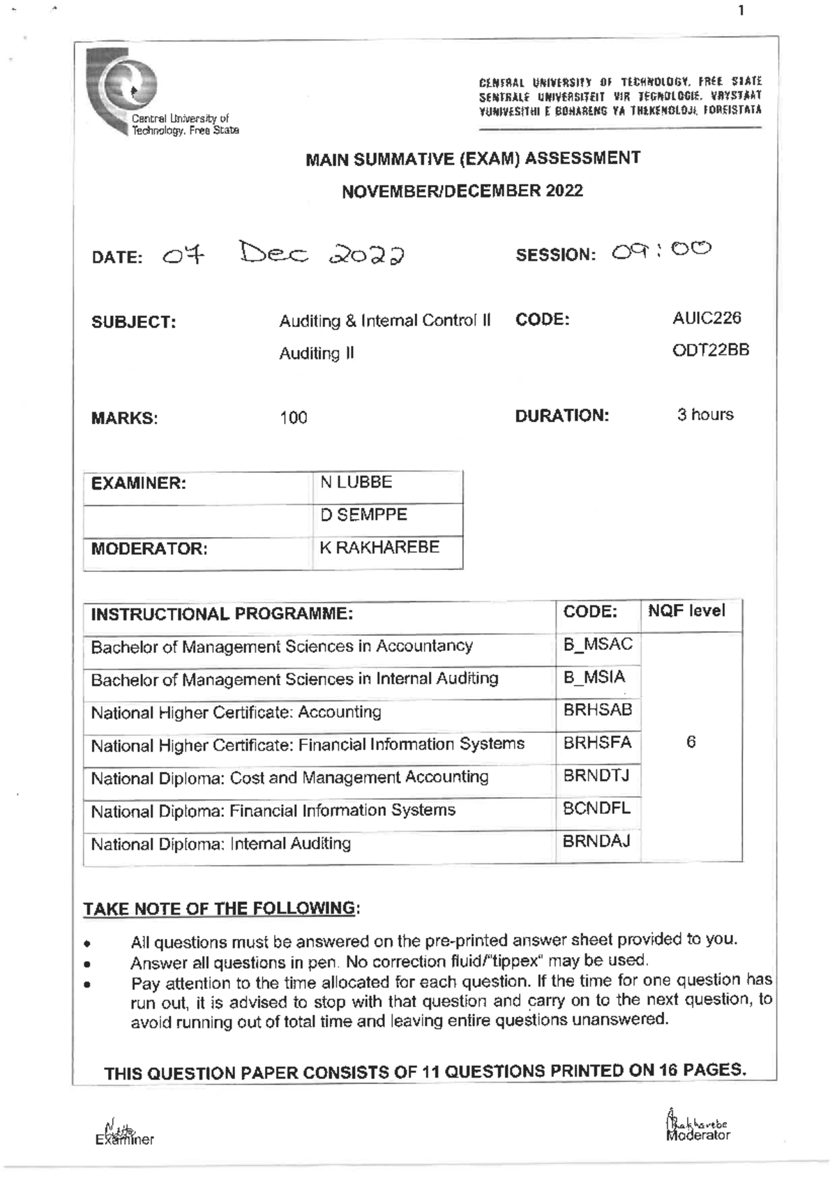 AUIC226 Auditing Internal Control II - Main Exam 2022 - Studocu