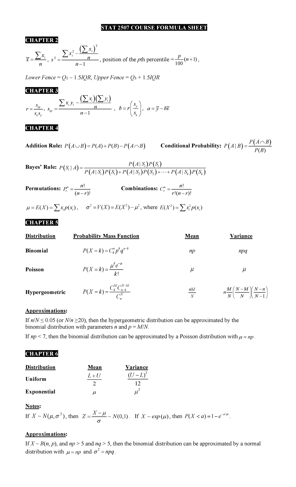 STAT 2507 Course Formula Sheet: Key Concepts & Formulas - Studocu
