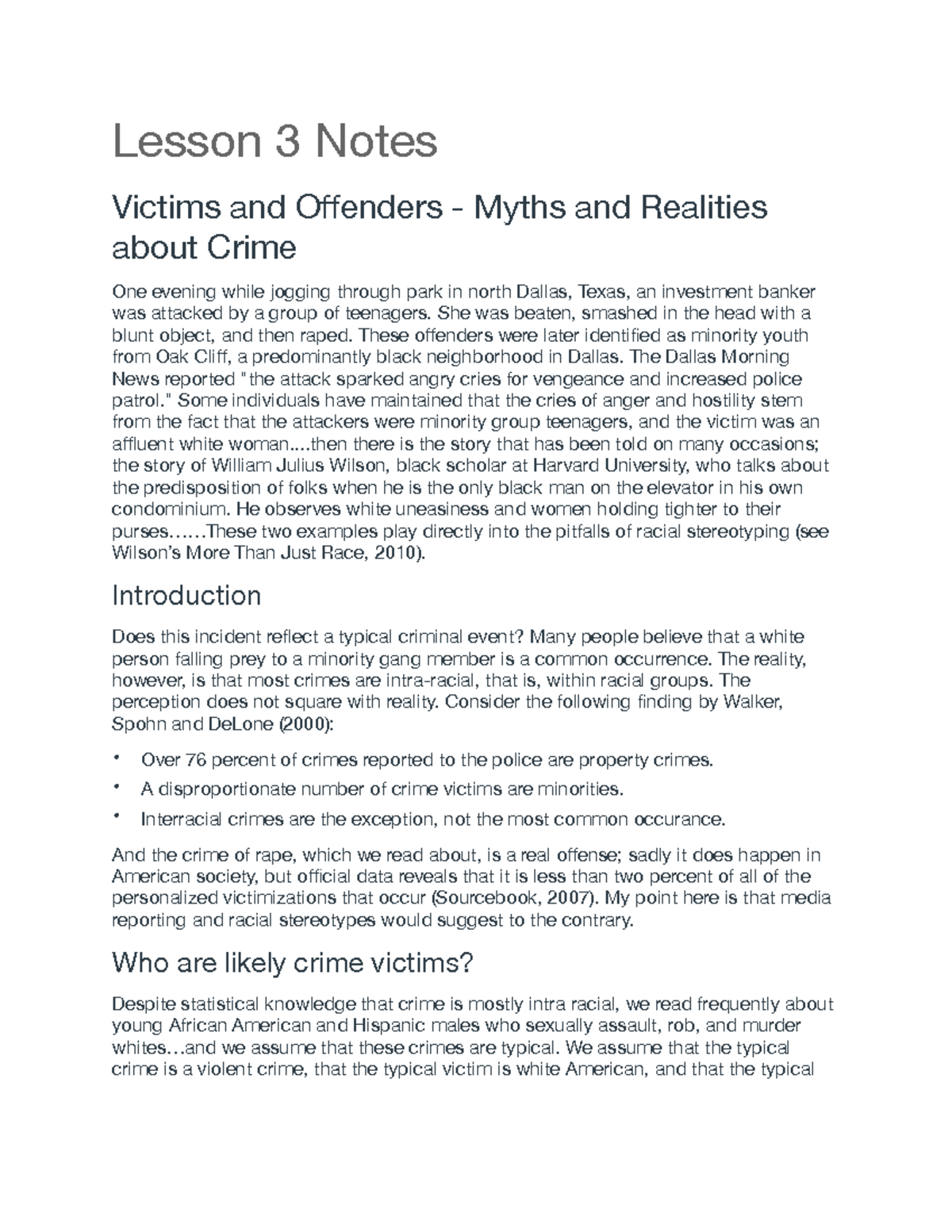 Lesson 3 Notes: Myths and Realities of Crime, Race & Victimization ...
