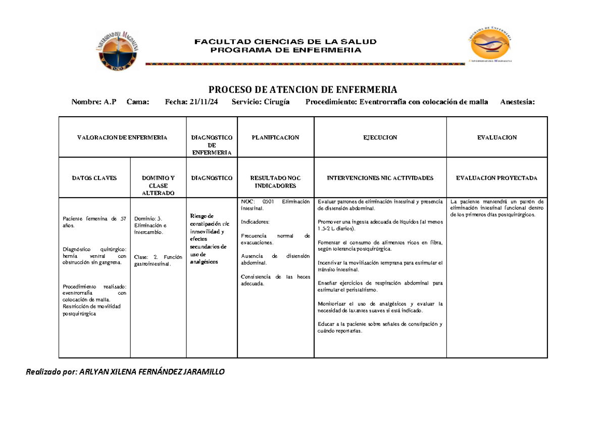 PAE - Proceso de Atención de Enfermería en Cirugía: Valoración y ...