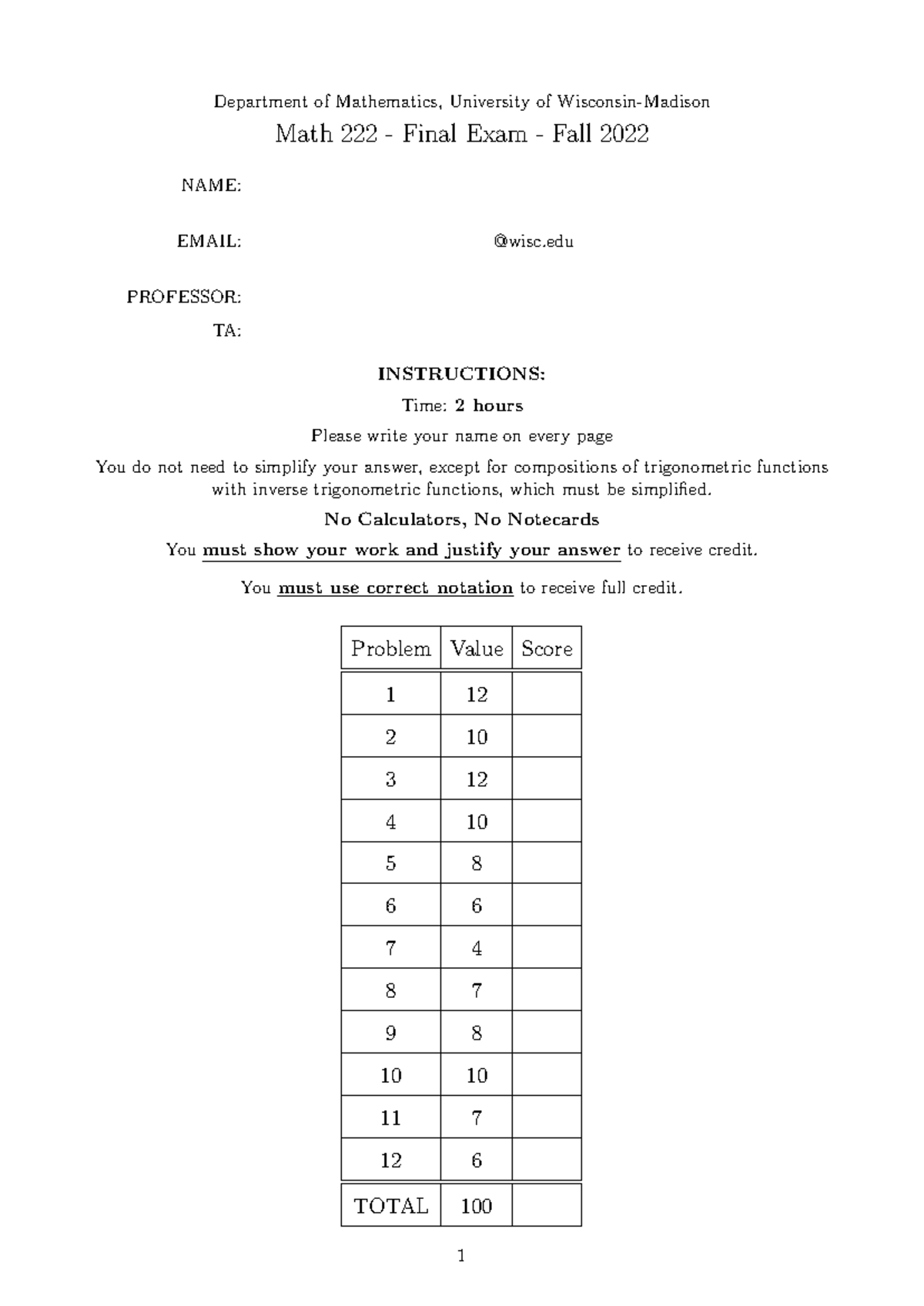 Math 222 - Fall 2022 Final Exam Complete Version - Studocu