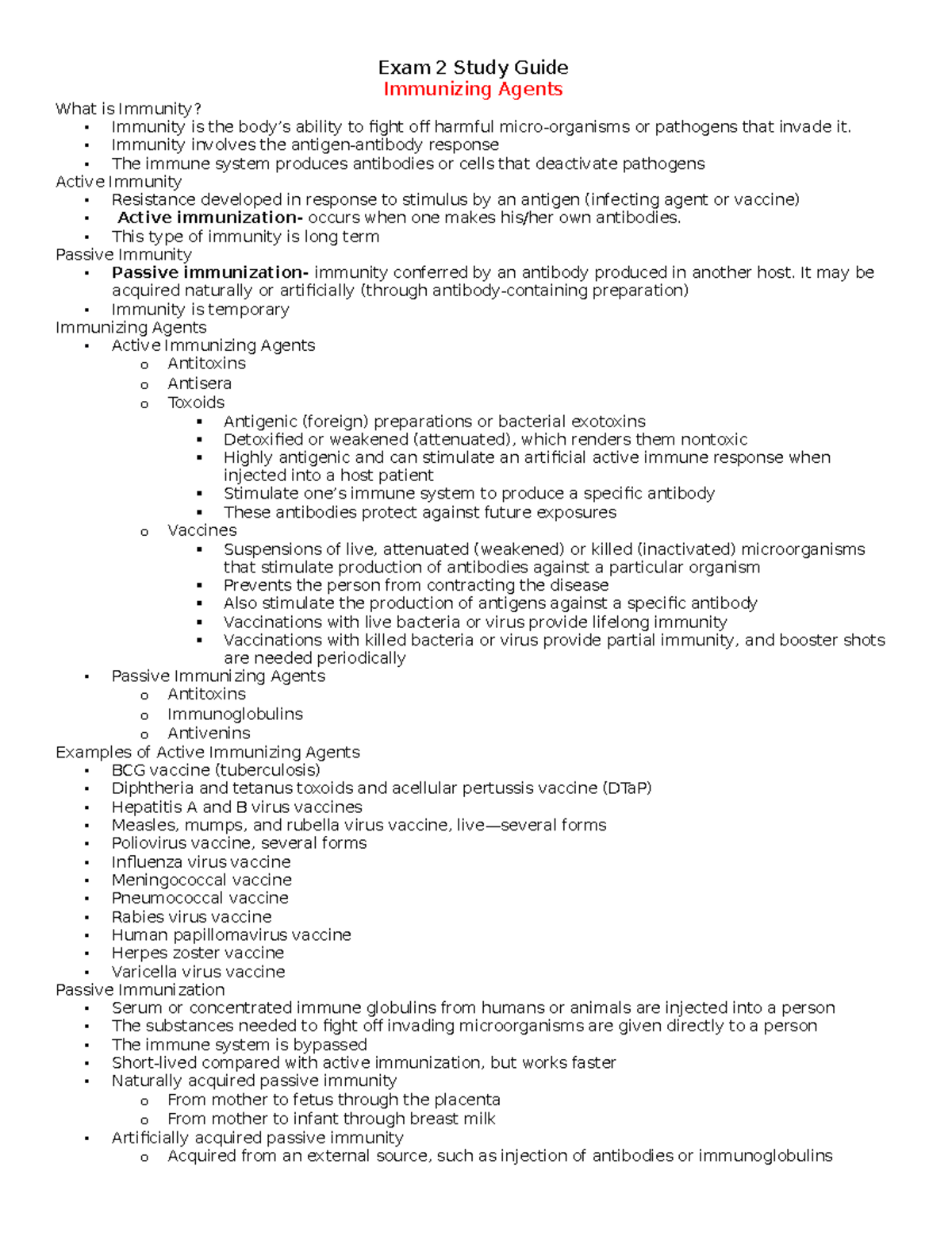 Exam 2 Study Guide - Exam 2 Study Guide Immunizing Agents What is ...
