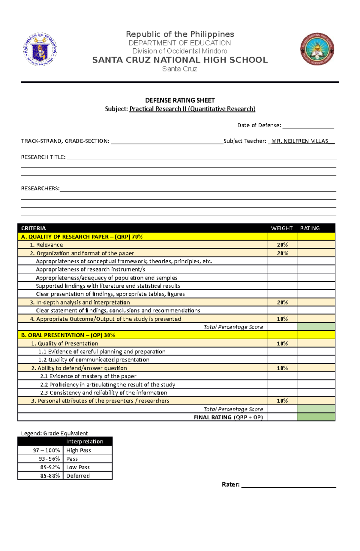Defense Rating Sheet for Practical Research II (Quantitative Research ...