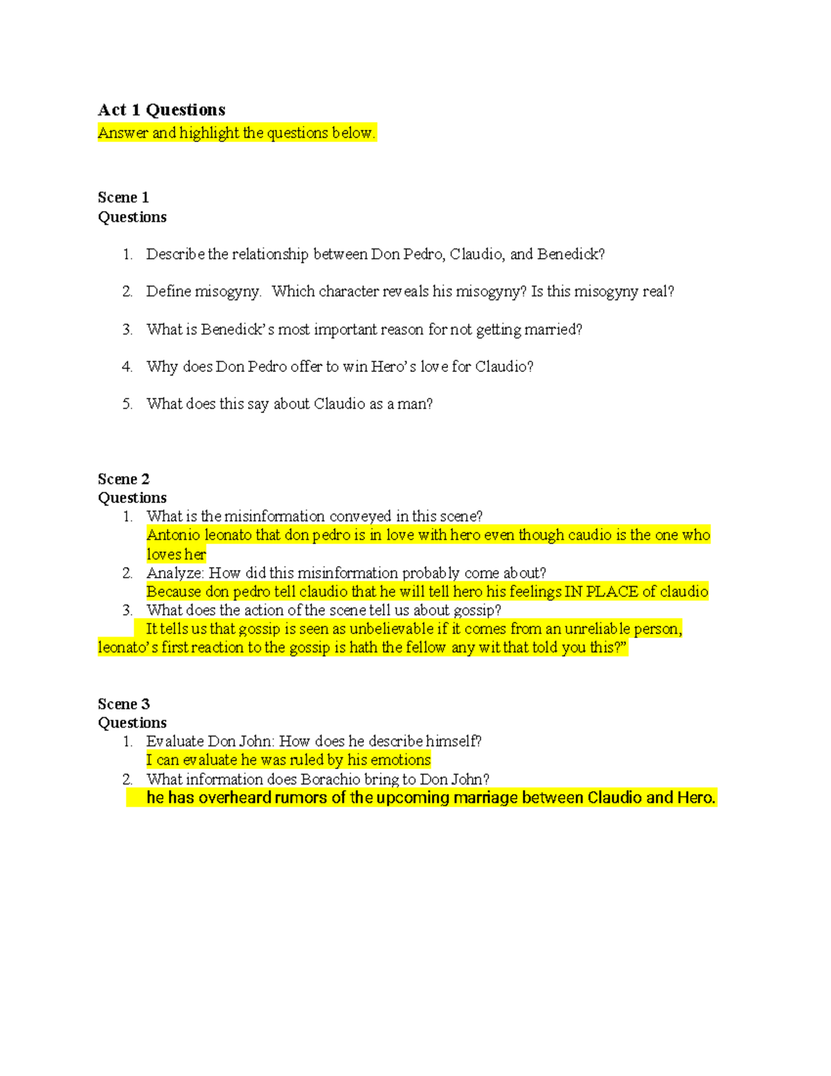 **ENG 101 - Act 1 Questions and Analysis of Key Themes** - Studocu