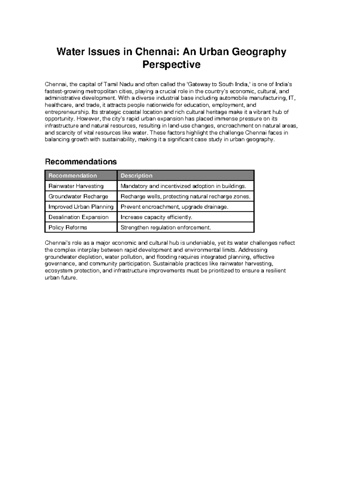Chennai Water Issues: Urban Geography Assignment Analysis - Studocu