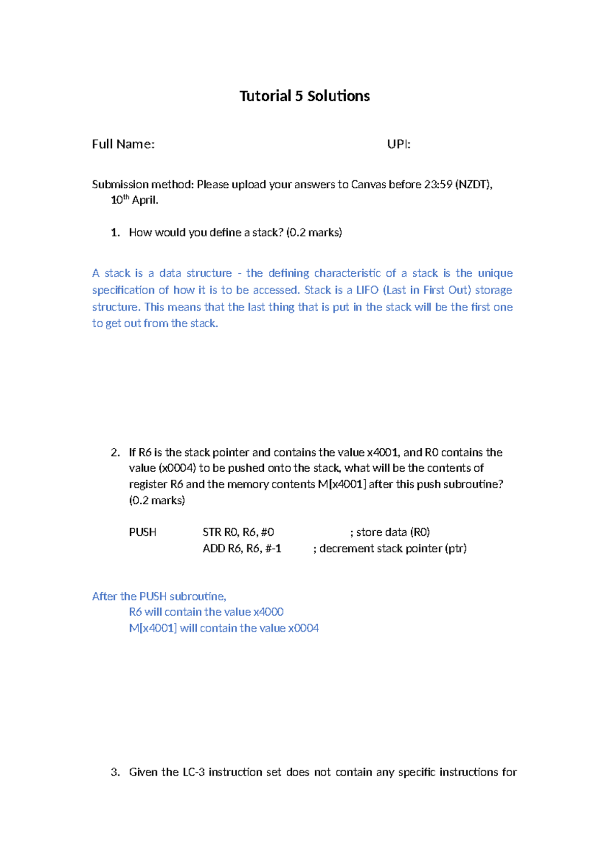 Tutorial 05 - Solutions for Stack Data Structures in LC-3 - Studocu